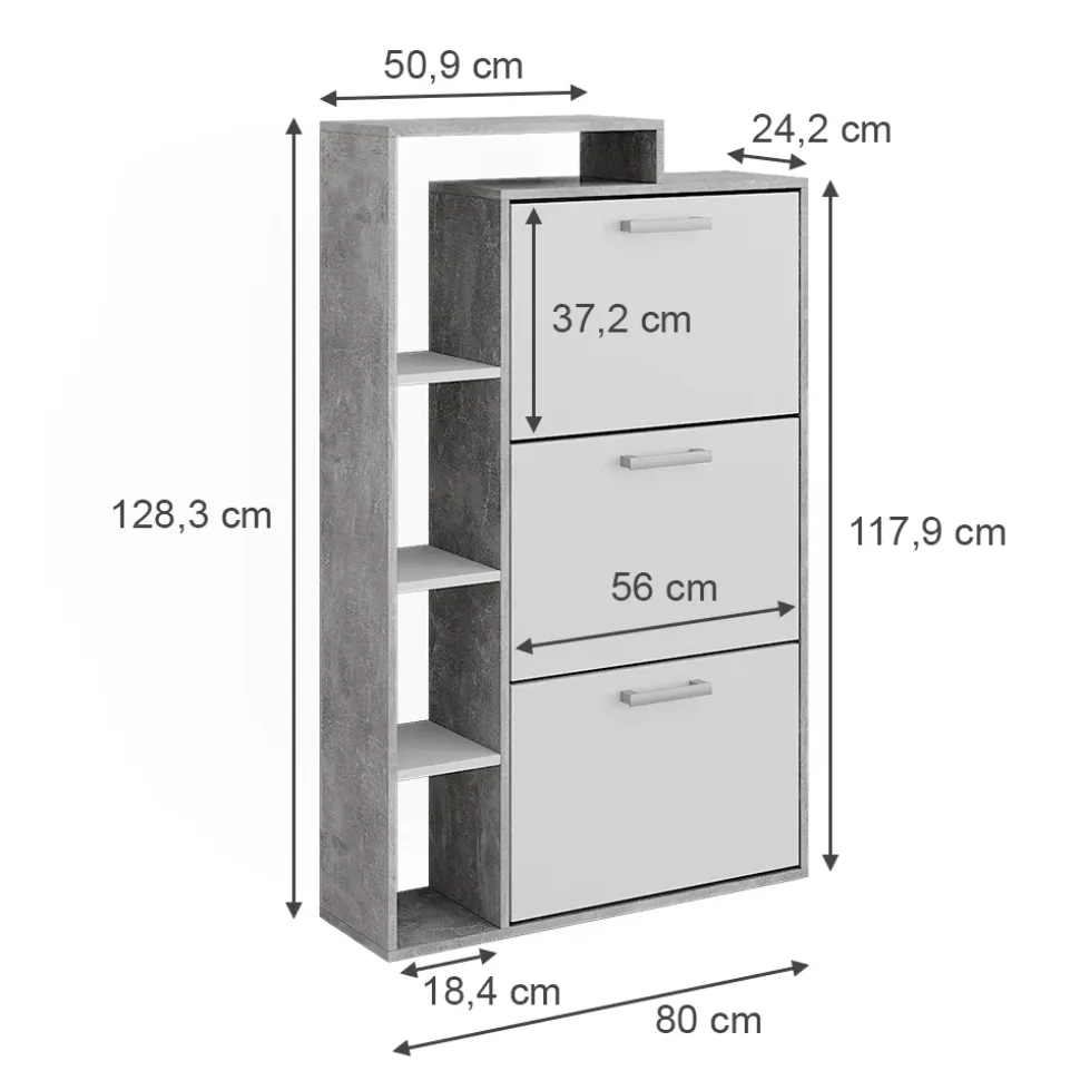 Schuhkommode Orlando Weiß/Beton 80 x 128.3 cm mit 3 Fächern Vicco
