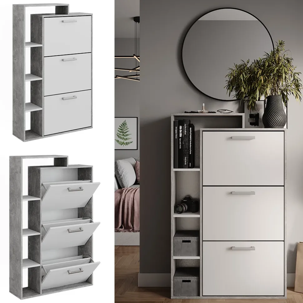 Schuhkommode Orlando Weiß/Beton 80 x 128.3 cm mit 3 Fächern Vicco