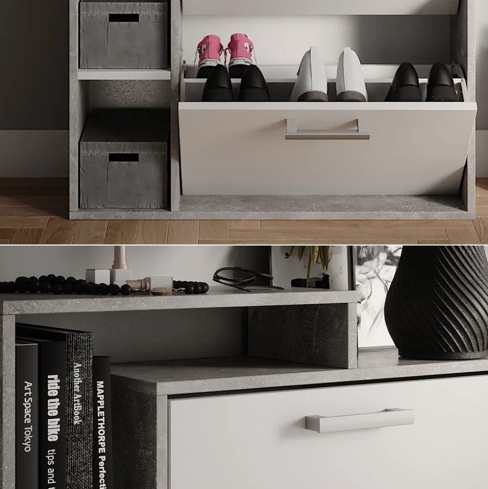 Schuhkommode Orlando Weiß/Beton 80 x 128.3 cm mit 3 Fächern Vicco