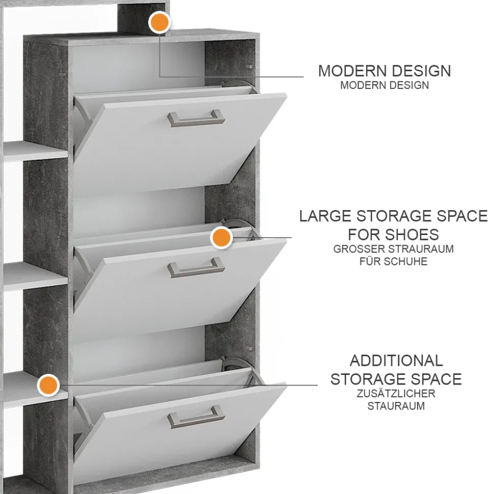 Schuhkommode Orlando Weiß/Beton 80 x 128.3 cm mit 3 Fächern Vicco
