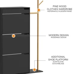 Schuhschrank Ivo Schwarz 90 x 181.5 cm mit 3 Fächern, 1 Schublade Vicco