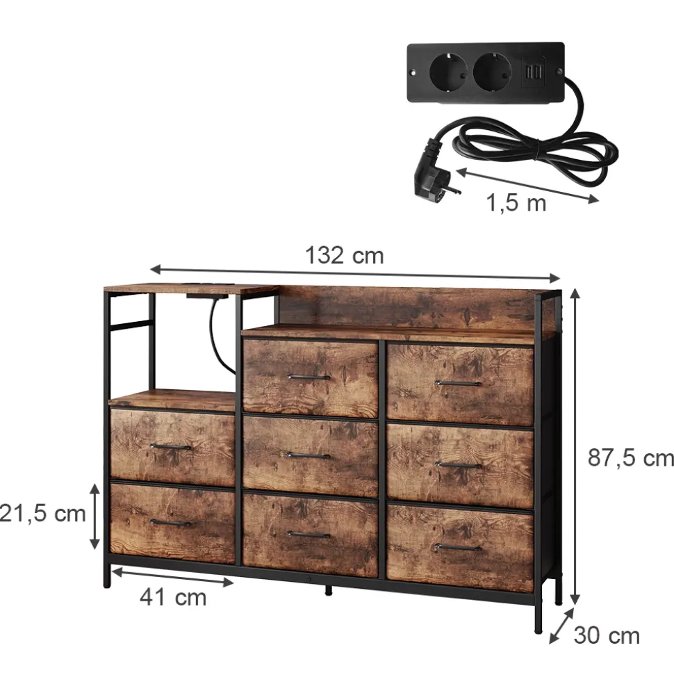 Sideboard Brian Eiche 88 x 30 cm mit 8 Schubladen und USB Vicco