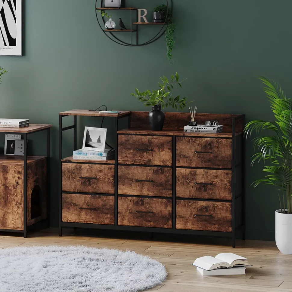 Sideboard Brian Eiche 88 x 30 cm mit 8 Schubladen und USB Vicco