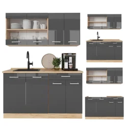 Singleküche R-Line Anthrazit Hochglanz/Goldkraft Eiche 140 cm , AP Anthrazit Vicco