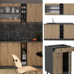 Singleküche R-Line Artisan Eiche/Anthrazit 160 cm , AP Marmor Vicco