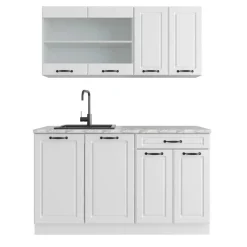 Singleküche R-Line Weiß Landhaus/Weiß 140 cm , AP Marmor Vicco