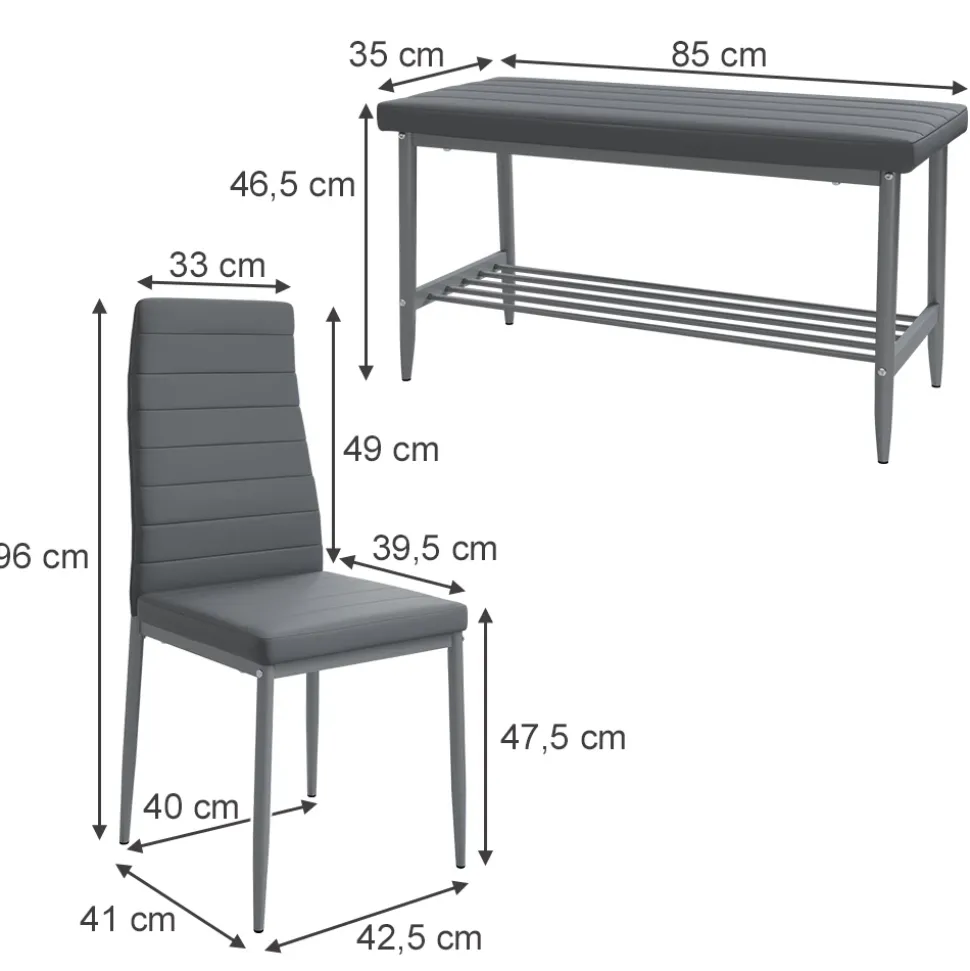 Sitzbank und Stuhl Grand Grau 85 x 46.5 cm 3-teiliges Set Vicco