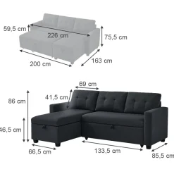 Sofa L Form Campina Anthrazit 226 x 163 cm mit Schlaffunktion Vitalispa