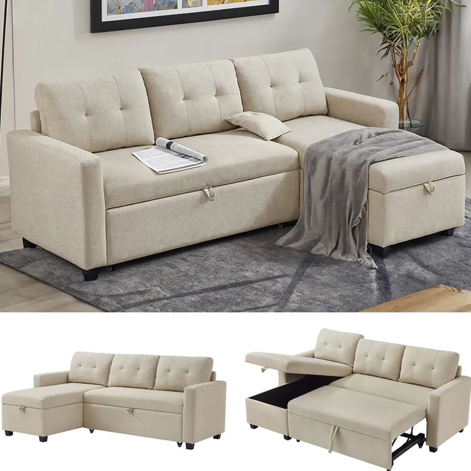 Sofa L-Form Campina Beige 226 x 163 cm mit Schlaffunktion Vitalispa