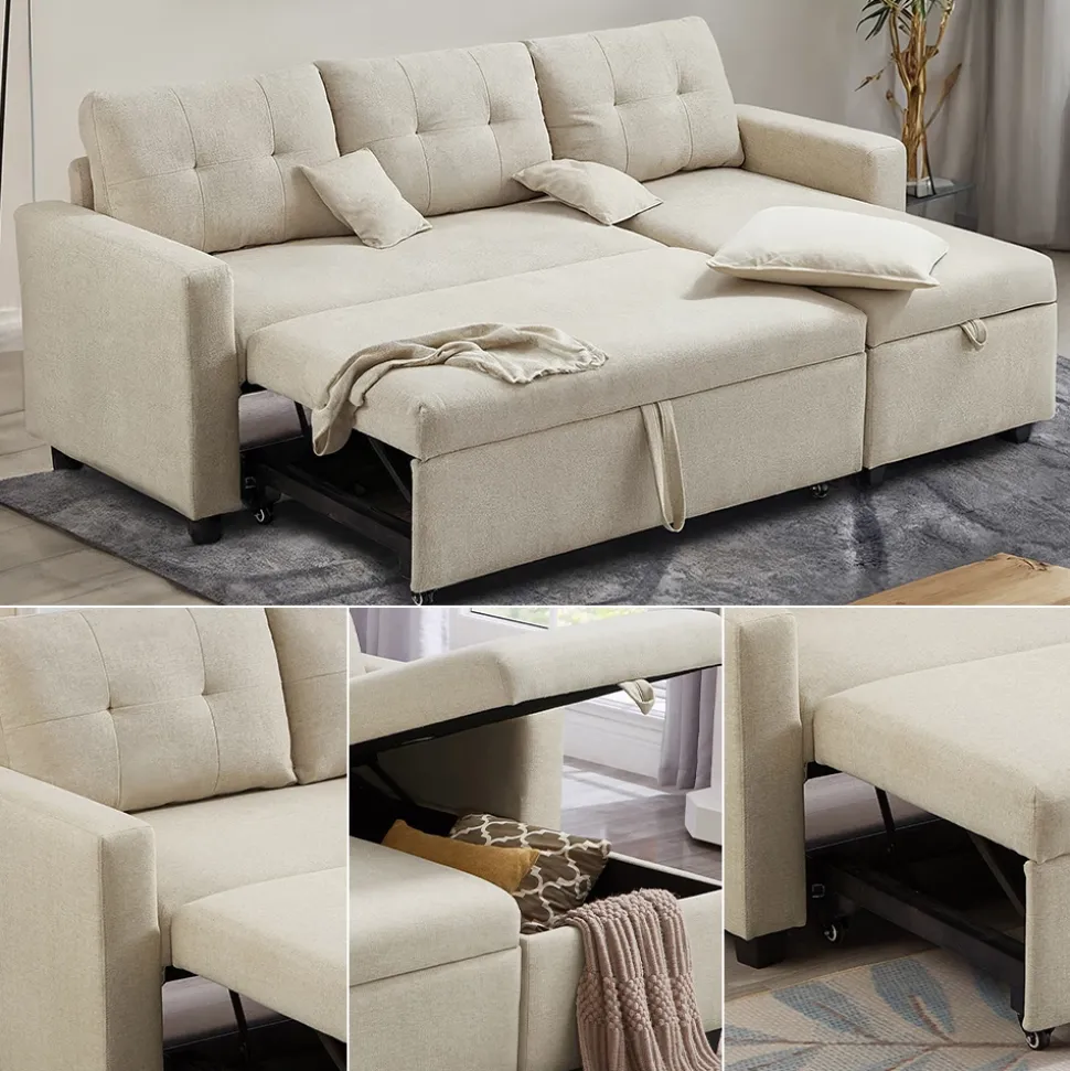 Sofa L-Form Campina Beige 226 x 163 cm mit Schlaffunktion Vitalispa