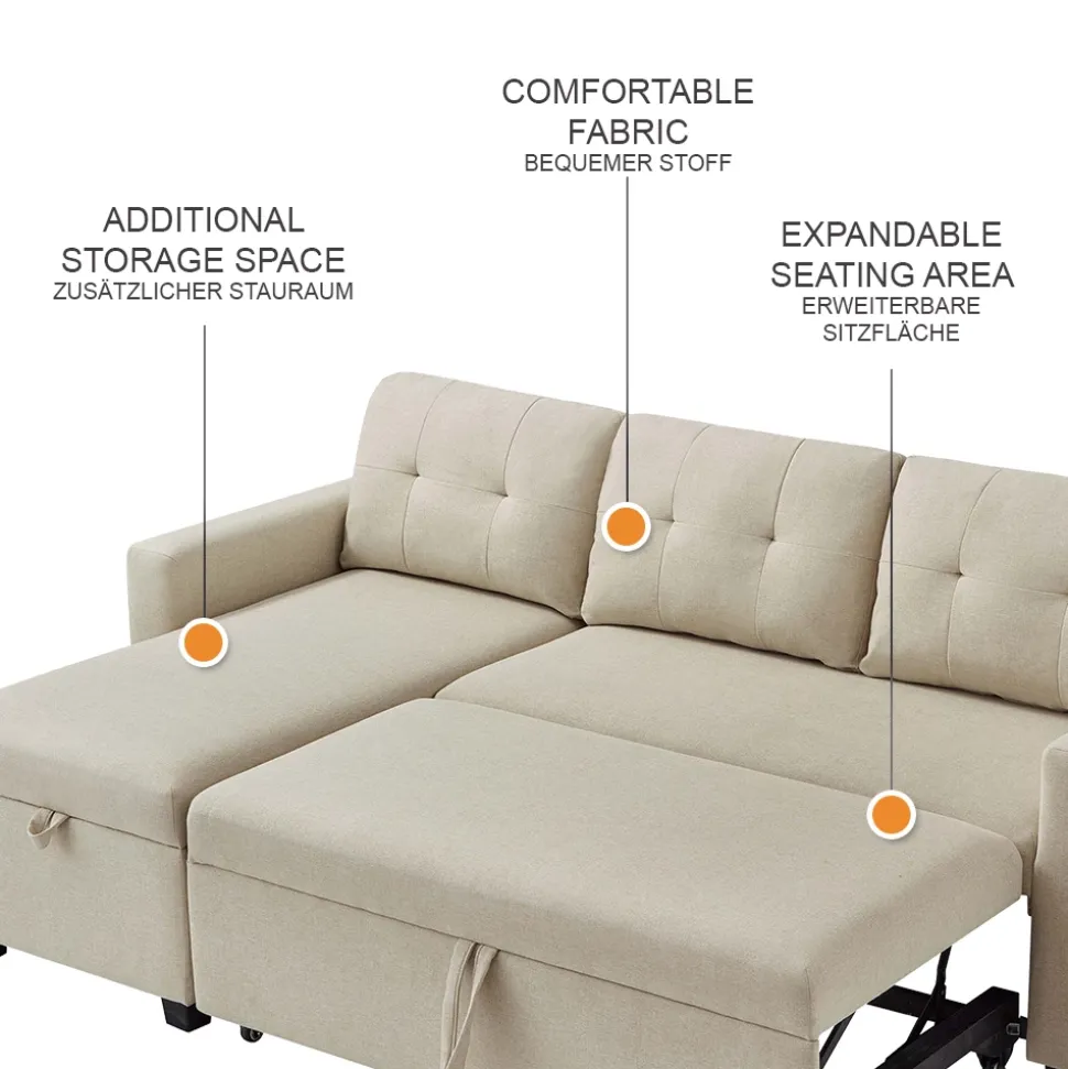 Sofa L-Form Campina Beige 226 x 163 cm mit Schlaffunktion Vitalispa