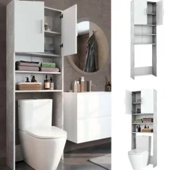 Toilettenschrank Beton/Weiß 64 x 190 cm mit 2 Türen Vicco