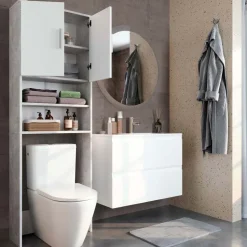 Toilettenschrank Beton/Weiß 64 x 190 cm mit 2 Türen Vicco
