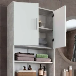 Toilettenschrank Beton/Weiß 64 x 190 cm mit 2 Türen Vicco