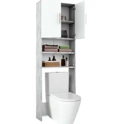 Toilettenschrank Beton/Weiß 64 x 190 cm mit 2 Türen Vicco