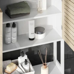 Toilettenschrank Looma Weiß/Eiche 70 x 180 cm mit 2 geschlossenen Fächern Vicco