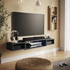 TV-Schrank Nordic Schwarz Beton 139.7 x 20.3 cm mit offenen Regalen Vicco