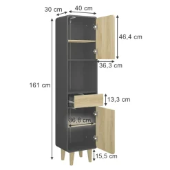Vicco Badezimmermöbel Anthrazit/Eiche Arla 40x161x30 cm - Badezimmerhochschrank, Viel Stauraum für Handtücher, Kosmetik & Pflegeprodukte