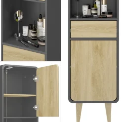 Vicco Badezimmermöbel Anthrazit/Eiche Arla 40x161x30 cm - Badezimmerhochschrank, Viel Stauraum für Handtücher, Kosmetik & Pflegeprodukte