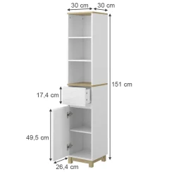 Vicco Badezimmermöbel Weiß Livia 30x151x30 cm - Badezimmerschrank, Nutzt den Raum über der Toilette clever aus