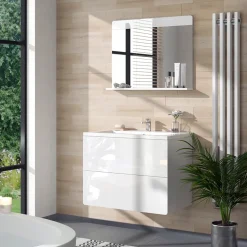 Vicco Badezimmerspiegel Izan, Badspiegel, Weiß Hochglanz, 80.1 x 62 cm mit Regal