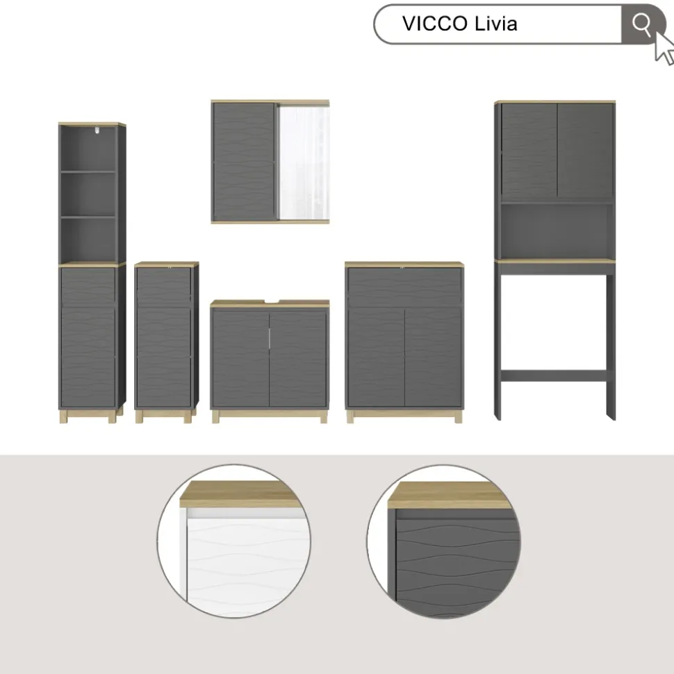 Vicco Badezimmerspiegelschrank Anthrazit Livia 60x63x24 cm - Badezimmerspiegelschrank mit Spiegel, Nutzt den Raum über der Toilette clever aus