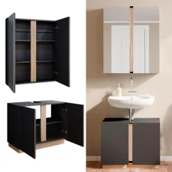 Vicco Badmöbel-Set Anthrazit Gloria, bestehend aus Badezimmerspiegel, Waschbeckenunterschrank - Unterschrank- und Hängeschrank-Kombination