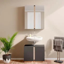 Vicco Badmöbel-Set Anthrazit Gloria, bestehend aus Badezimmerspiegel, Waschbeckenunterschrank - Unterschrank- und Hängeschrank-Kombination