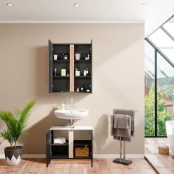 Vicco Badmöbel-Set Anthrazit Gloria, bestehend aus Badezimmerspiegel, Waschbeckenunterschrank - Unterschrank- und Hängeschrank-Kombination