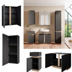 Vicco Badmöbel-Set Anthrazit Gloria, bestehend aus Bad Spiegelschrank, Waschbeckenunterschrank, Midischrank, Hängeschrank - Unterschrank- und Hängeschrank-Kombination
