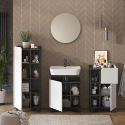 Vicco Badmöbel-Set Anthrazit/Weiß Karen, bestehend aus Bad Spiegelschrank, Waschbeckenunterschrank, Midischrank, Hängeschrank - Offene und geschlossene Fächer für flexible Aufbewahrung