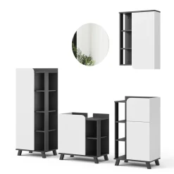 Vicco Badmöbel-Set Anthrazit/Weiß Karen, bestehend aus Badspiegel, Hängeschrank, Midischrank, Waschtischunterschrank, Badschrank - Offene und geschlossene Fächer für flexible Aufbewahrung
