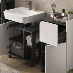 Vicco Badmöbel-Set Anthrazit/Weiß Karen, bestehend aus Badspiegel, Hängeschrank, Midischrank, Waschtischunterschrank, Badschrank - Offene und geschlossene Fächer für flexible Aufbewahrung