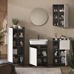 Vicco Badmöbel-Set Anthrazit/Weiß Karen, bestehend aus Badspiegel, Hängeschrank, Midischrank, Waschtischunterschrank, Badschrank - Offene und geschlossene Fächer für flexible Aufbewahrung