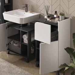 Vicco Badmöbel-Set Anthrazit/Weiß Karen, bestehend aus Spiegel, Hängeschrank, Eckhängeschrank, Midischrank, Waschtischunterschrank, Badschrank - Offene und geschlossene Fächer für Aufbewahrung