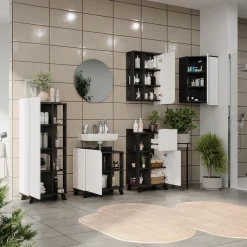 Vicco Badmöbel-Set Anthrazit/Weiß Karen, bestehend aus Spiegel, Hängeschrank, Eckhängeschrank, Midischrank, Waschtischunterschrank, Badschrank - Offene und geschlossene Fächer für Aufbewahrung