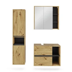 Vicco Badmöbel-Set Artisan/Grau Viola, bestehend aus Bad Spiegelschrank, Waschbeckenunterschrank, Hochschrank - Mehr Stauraum ohne Bodenfläche zu nutzen