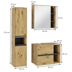 Vicco Badmöbel-Set Artisan/Grau Viola, bestehend aus Bad Spiegelschrank, Waschbeckenunterschrank, Hochschrank - Mehr Stauraum ohne Bodenfläche zu nutzen