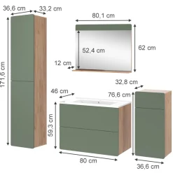 Vicco Badmöbel-Set Goldkraft Eiche/Grün Izan, bestehend aus Waschbeckenunterschrank, Waschbecken, Hängeschrank, Hochschrank, Midischrank - Mehr Stauraum ohne Bodenfläche zu nutzen