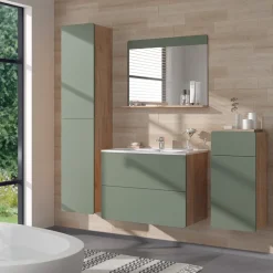 Vicco Badmöbel-Set Goldkraft Eiche/Grün Izan, bestehend aus Waschbeckenunterschrank, Waschbecken, Hängeschrank, Hochschrank, Midischrank - Mehr Stauraum ohne Bodenfläche zu nutzen