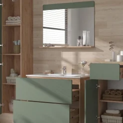 Vicco Badmöbel-Set Goldkraft Eiche/Grün Izan, bestehend aus Waschbeckenunterschrank, Waschbecken, Hängeschrank, Hochschrank, Midischrank - Mehr Stauraum ohne Bodenfläche zu nutzen