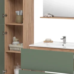 Vicco Badmöbel-Set Goldkraft Eiche/Grün Izan, bestehend aus Waschbeckenunterschrank, Waschbecken, Hängeschrank, Hochschrank, Midischrank - Mehr Stauraum ohne Bodenfläche zu nutzen