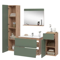 Vicco Badmöbel-Set Goldkraft Eiche/Grün Izan, bestehend aus Waschbeckenunterschrank, Waschbecken, Hängeschrank, Hochschrank, Midischrank - Mehr Stauraum ohne Bodenfläche zu nutzen