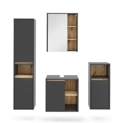 Vicco Badmöbel-Set Grau/Artisan Viola, bestehend aus Badspiegelschrank, Waschbeckenunterschrank, Midischrank, Hochschrank - Mehr Stauraum ohne Bodenfläche zu nutzen