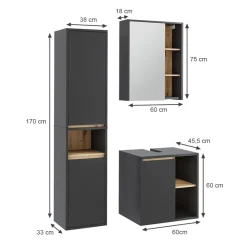 Vicco Badmöbel-Set Grau/Artisan Viola, bestehend aus Bad Spiegelschrank, Waschbeckenunterschrank, Hochschrank - Mehr Stauraum ohne Bodenfläche zu nutzen
