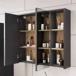 Vicco Badmöbel-Set Grau/Artisan Viola, bestehend aus Badspiegelschrank, Waschbeckenunterschrank, Midischrank, Hochschrank - Mehr Stauraum ohne Bodenfläche zu nutzen