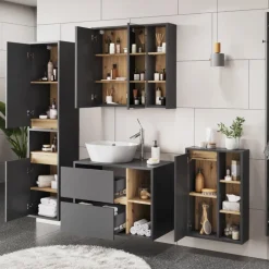 Vicco Badmöbel-Set Grau/Artisan Viola, bestehend aus Badspiegelschrank, Waschbeckenunterschrank, Midischrank, Hochschrank - Mehr Stauraum ohne Bodenfläche zu nutzen