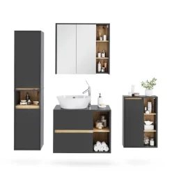 Vicco Badmöbel-Set Grau/Artisan Viola, bestehend aus Badspiegelschrank, Waschbeckenunterschrank, Midischrank, Hochschrank - Mehr Stauraum ohne Bodenfläche zu nutzen