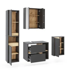 Vicco Badmöbel-Set Grau/Artisan Viola, bestehend aus Badspiegelschrank, Waschbeckenunterschrank, Midischrank, Hochschrank - Mehr Stauraum ohne Bodenfläche zu nutzen