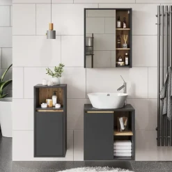 Vicco Badmöbel-Set Grau/Artisan Viola, bestehend aus Bad Spiegelschrank, Waschbeckenunterschrank, Midischrank - Mehr Stauraum ohne Bodenfläche zu nutzen